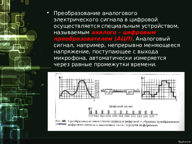 Преобразование аналогового электрического сигнала в цифровой осуществляется специальным устройством, называемым аналого – цифровым преобразователем (АЦП) . Аналоговый сигнал, например, непрерывно меняющееся напряжение, поступающее с выхода микрофона, автоматически измеряется через равные промежутки времени. 
