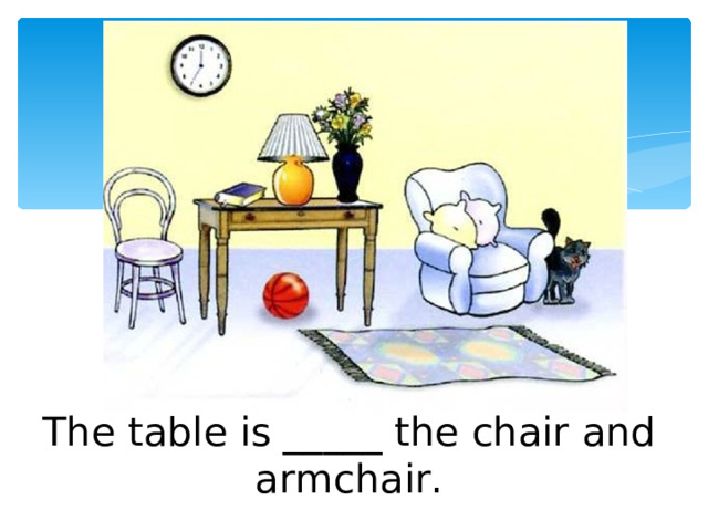The table is _____ the chair and armchair. 