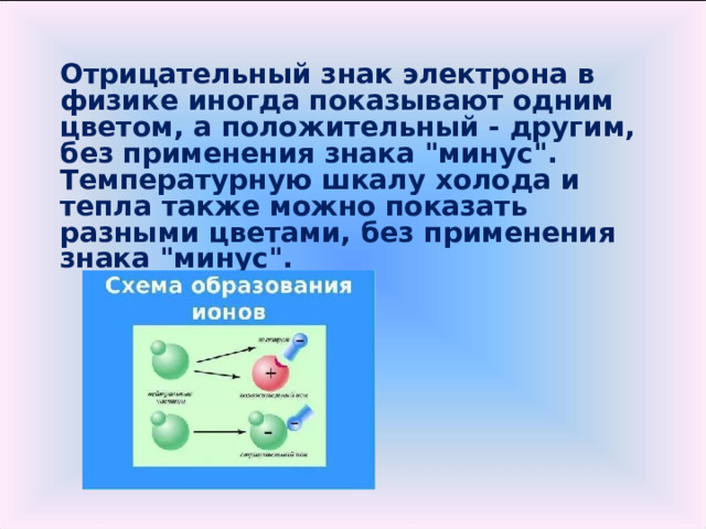 Отрицательный знак электрона в физике иногда показывают одним цветом, а положительный - другим, без применения знака 