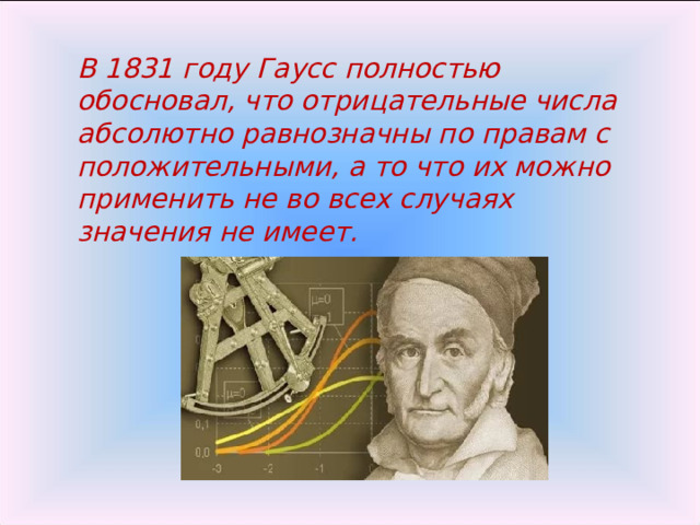 В 1831 году Гаусс полностью обосновал, что отрицательные числа абсолютно равнозначны по правам с положительными, а то что их можно применить не во всех случаях значения не имеет. 