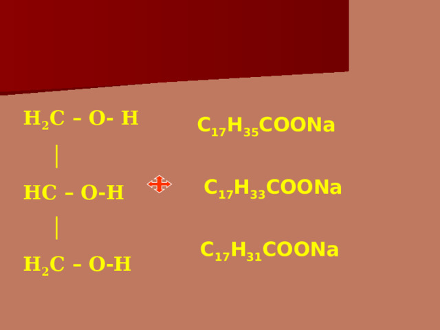 Н 2 С – О- Н │ НС – О-Н │ Н 2 С – О-Н С 17 Н 35 СОО Na С 17 Н 33 СОО Na С 17 Н 31 СОО Na 