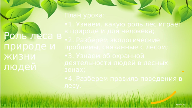 Роль леса в природе и жизни людей План урока: 1. Узнаем, какую роль лес играет в природе и для человека; 2. Разберем экологические проблемы, связанные с лесом; 3. Узнаем об охранной деятельности людей в лесных зонах; 4. Разберем правила поведения в лесу. 