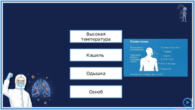 Известные симптомы COVID-19 включают ... Высокая температура Кашель Одышка Озноб 