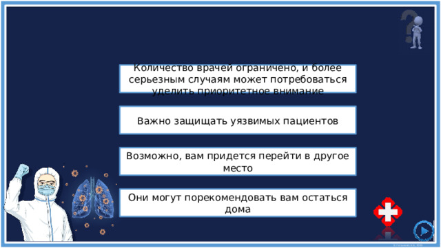 Перед визитом в больницу следует позвонить врачу и попросить совета, потому что ... Количество врачей ограничено, и более серьезным случаям может потребоваться уделить приоритетное внимание Важно защищать уязвимых пациентов Возможно, вам придется перейти в другое место Они могут порекомендовать вам остаться дома 