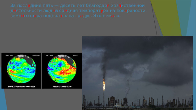 За посл е дние пять — десять лет благодар я хоз я йственной д е ятельности люд е й ср е дняя температ у ра на пов е рхности земн о го ш а ра поднял а сь на гр а дус. Это нем а ло. 