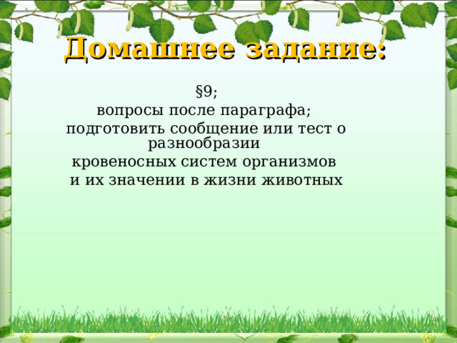 Домашнее задание:   §9; вопросы после параграфа; подготовить сообщение или тест о разнообразии кровеносных систем организмов и их значении в жизни животных 