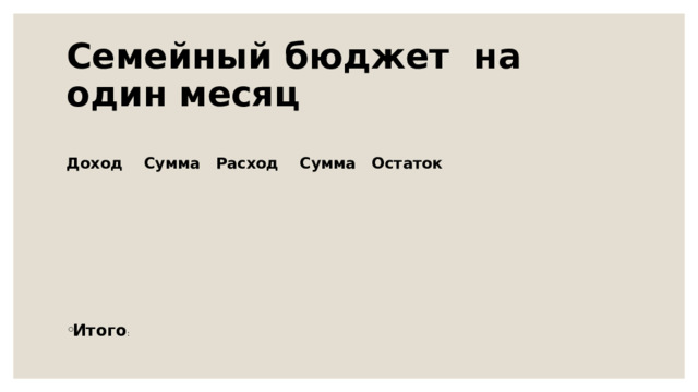 Семейный бюджет на один месяц Доход Сумма Расход Сумма Остаток       Итого : 