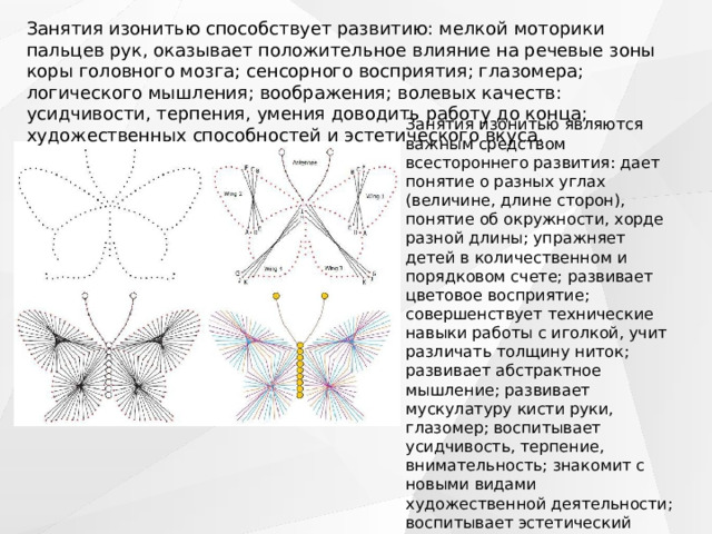 Занятия изонитью способствует развитию: мелкой моторики пальцев рук, оказывает положительное влияние на речевые зоны коры головного мозга; сенсорного восприятия; глазомера; логического мышления; воображения; волевых качеств: усидчивости, терпения, умения доводить работу до конца; художественных способностей и эстетического вкуса.  Занятия изонитью являются важным средством всестороннего развития: дает понятие о разных углах (величине, длине сторон), понятие об окружности, хорде разной длины; упражняет детей в количественном и порядковом счете; развивает цветовое восприятие; совершенствует технические навыки работы с иголкой, учит различать толщину ниток; развивает абстрактное мышление; развивает мускулатуру кисти руки, глазомер; воспитывает усидчивость, терпение, внимательность; знакомит с новыми видами художественной деятельности; воспитывает эстетический вкус; развивает у детей чувство композиции, умение продумывать содержание свой работы, составлению узора на различных формах. 
