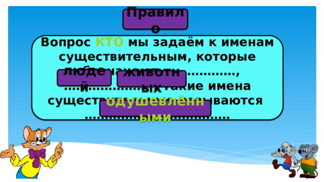 Правило Вопрос КТО мы задаём к именам существительным, которые обозначают ………………, ………………….. Такие имена существительные называются ……………………………… людей животных одушевлёнными 