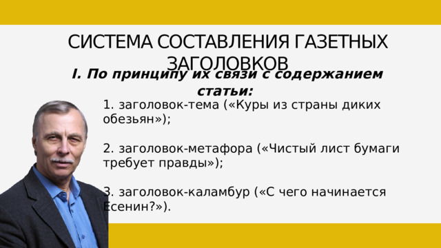 СИСТЕМА СОСТАВЛЕНИЯ ГАЗЕТНЫХ ЗАГОЛОВКОВ  I. По принципу их связи с содержанием статьи: 1. заголовок-тема («Куры из страны диких обезьян»); 2. заголовок-метафора («Чистый лист бумаги требует правды»); 3. заголовок-каламбур («С чего начинается Есенин?»). 