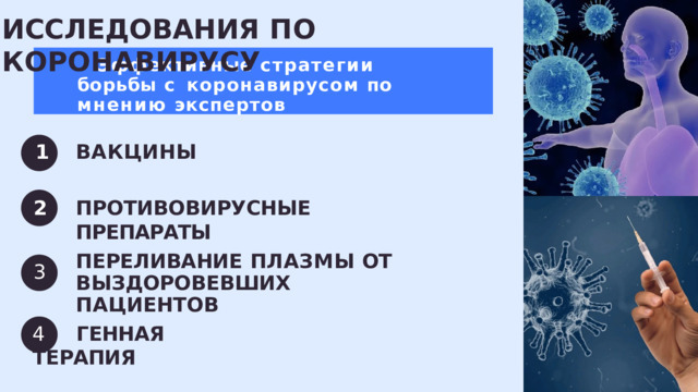 ИССЛЕДОВАНИЯ  ПО  КОРОНАВИРУСУ Эффективные  стратегии  борьбы  с  коронавирусом  по  мнению  экспертов ВАКЦИНЫ ПРОТИВОВИРУСНЫЕ  ПРЕПАРАТЫ ПЕРЕЛИВАНИЕ  ПЛАЗМЫ  ОТ  ВЫЗДОРОВЕВШИХ  ПАЦИЕНТОВ 3 4  ГЕННАЯ  ТЕРАПИЯ 
