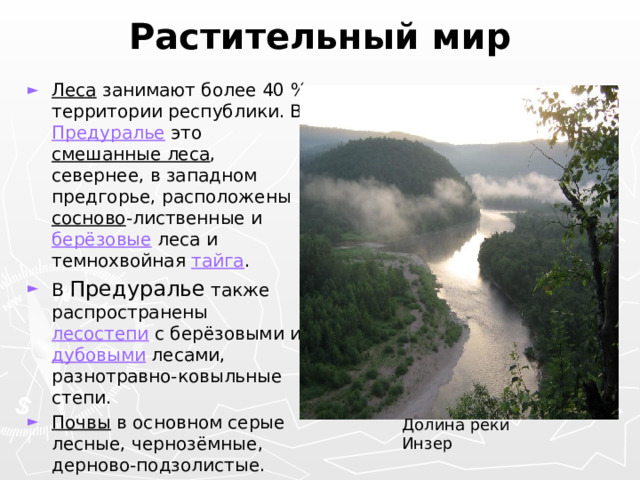 Растительный мир   Леса занимают более 40 % территории республики. В Предуралье это смешанные леса , севернее, в западном предгорье, расположены сосново -лиственные и берёзовые леса и темнохвойная тайга . В Предуралье также распространены лесостепи с берёзовыми и дубовыми лесами, разнотравно-ковыльные степи. Почвы в основном серые лесные, чернозёмные, дерново-подзолистые. Долина реки Инзер 