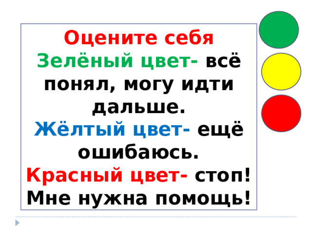  Оцените себя Зелёный цвет- всё понял, могу идти дальше. Жёлтый цвет- ещё ошибаюсь. Красный цвет- стоп! Мне нужна помощь! 