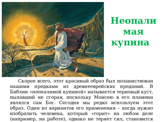 Неопалимая купина  Скорее всего, этот красивый образ был позаимствован нашими предками из древнееврейских преданий. В Библии «неопалимой купиной» называется терновый куст, пылавший не сгорая, поскольку Моисею в его пламени являлся сам Бог. Сегодня мы редко используем этот образ. Один из вариантов его применения – когда нужно изобразить человека, который «горит» на любом деле (например, на работе), однако не теряет сил, становится все более деятельным и бодрым. 