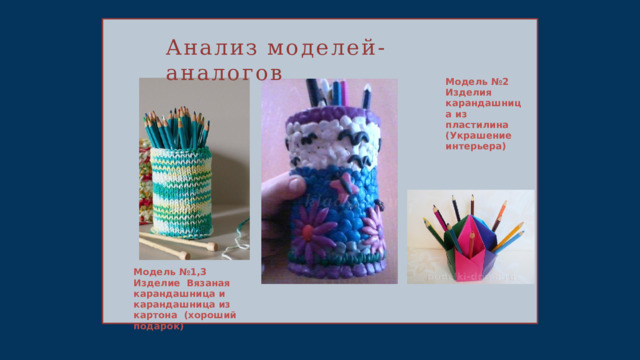 Анализ  моделей-аналогов Модель №2  Изделия  карандашница  из  пластилина  (Украшение  интерьера) Модель №1,3 Изделие  Вязаная карандашница и  карандашница из картона  (хороший  подарок) 
