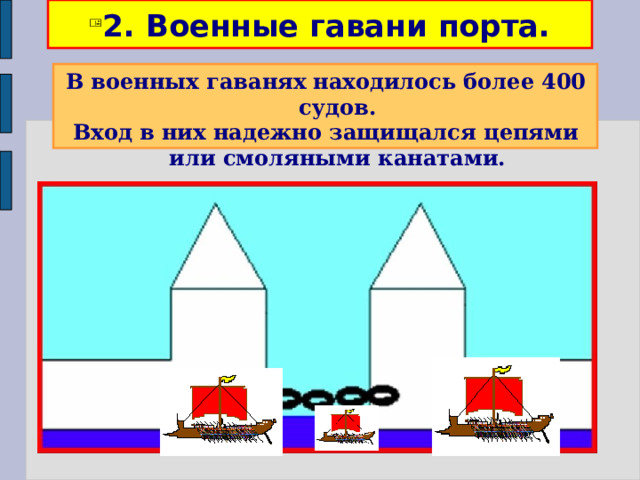 2. Военные гавани порта. В военных гаванях находилось более 400 судов. Вход в них надежно защищался цепями или смоляными канатами.  