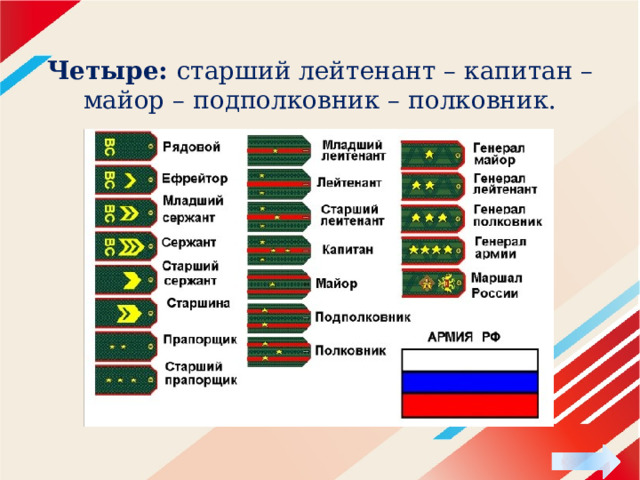 Четыре: старший лейтенант – капитан – майор – подполковник – полковник. 