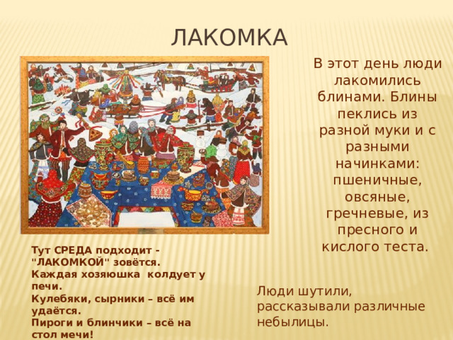 ЛАКОМКА  В этот день люди лакомились блинами. Блины пеклись из разной муки и с разными начинками: пшеничные, овсяные, гречневые, из пресного и кислого теста. Тут СРЕДА подходит - 