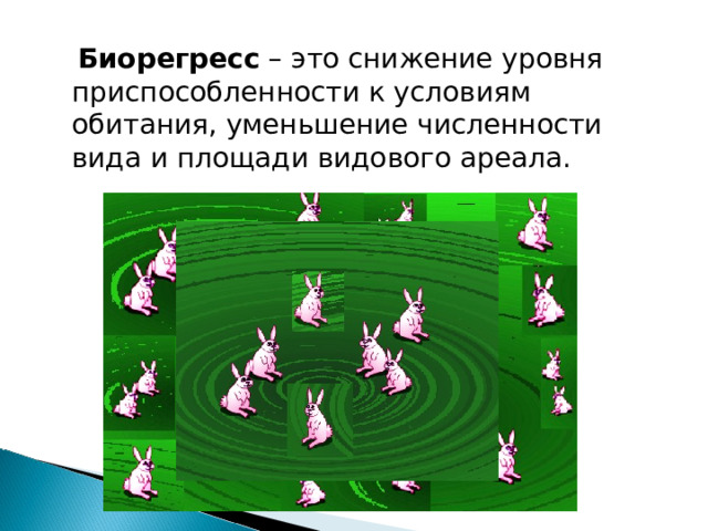  Биорегресс – это снижение уровня приспособленности к условиям обитания, уменьшение численности вида и площади видового ареала. 