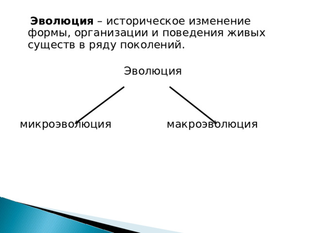  Эволюция – историческое изменение формы, организации и поведения живых существ в ряду поколений.  Эволюция микроэволюция макроэволюция 