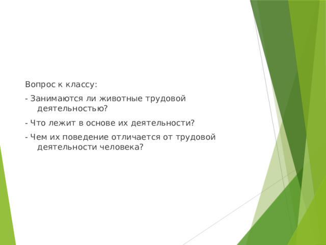 Вопрос к классу: - Занимаются ли животные трудовой деятельностью? - Что лежит в основе их деятельности? - Чем их поведение отличается от трудовой деятельности человека? 