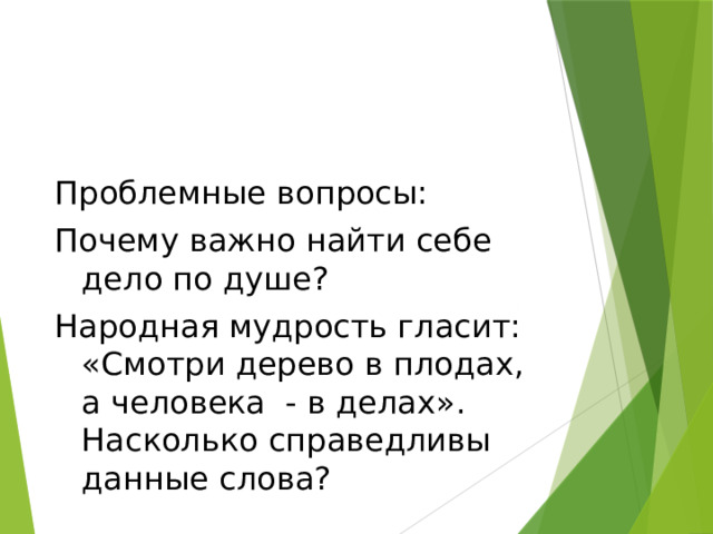 Проблемные вопросы: Почему важно найти себе дело по душе? Народная мудрость гласит: «Смотри дерево в плодах, а человека - в делах». Насколько справедливы данные слова? 