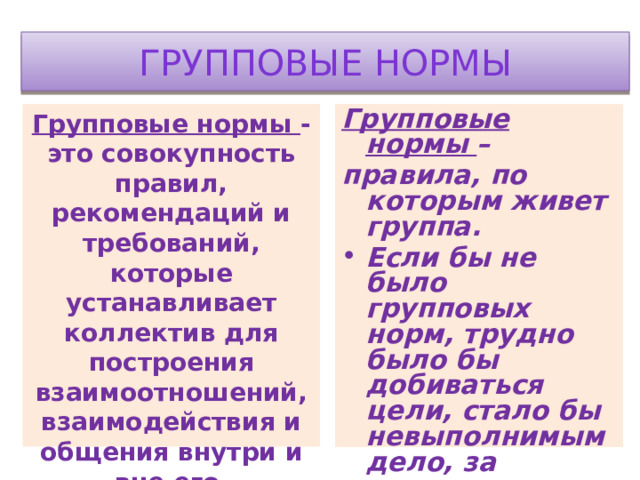 Групповые нормы Групповые нормы - это совокупность правил, рекомендаций и требований, которые устанавливает коллектив для построения взаимоотношений, взаимодействия и общения внутри и вне его . Групповые нормы – правила, по которым живет группа. Если бы не было групповых норм, трудно было бы добиваться цели, стало бы невыполнимым дело, за которое группа берется. 