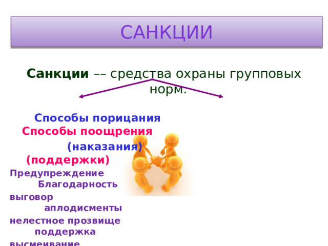 Санкции Санкции –– средства охраны групповых норм.  Способы порицания Способы поощрения  (наказания)  (поддержки)  Предупреждение Благодарность выговор аплодисменты нелестное прозвище поддержка высмеивание ответственные поручения отказ от общения премии бойкот памятные подарки исключение из группы 