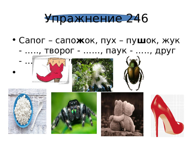 Упражнение 246 Сапог – сапо ж ок, пух – пу ш ок, жук - ….., творог - ……, паук - ….., друг - ….., каблук - ….! 