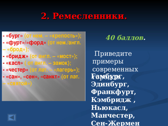 2. Ремесленники. 40 баллов .   Приведите примеры современных городов. Гамбург, Эдинбург, Франкфурт, Кэмбридж , Ньюкасл, Манчестер, Сен-Жермен 