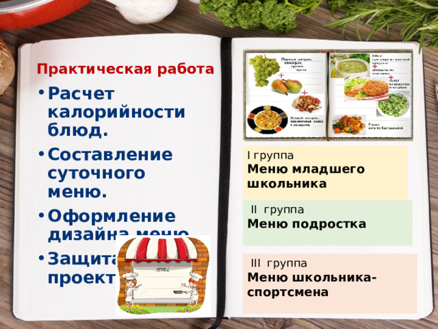 Практическая работа   Расчет калорийности блюд. Составление суточного меню. Оформление дизайна меню Защита мини-проекта I группа Меню младшего школьника  II группа Меню подростка  III группа Меню школьника-спортсмена 