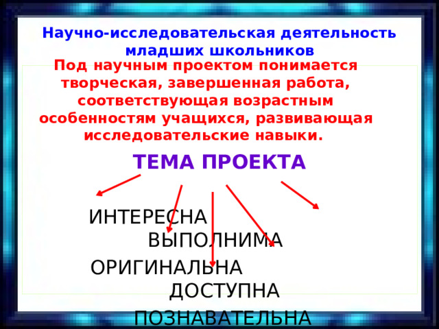 Научно-исследовательская деятельность младших школьников Под научным проектом понимается творческая, завершенная работа, соответствующая возрастным особенностям учащихся, развивающая исследовательские навыки.   ТЕМА ПРОЕКТА  ИНТЕРЕСНА ВЫПОЛНИМА  ОРИГИНАЛЬНА ДОСТУПНА  ПОЗНАВАТЕЛЬНА 