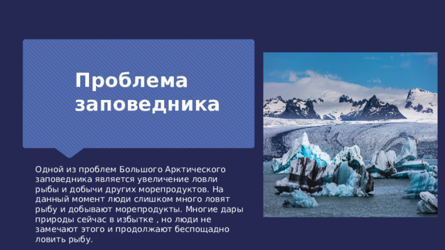 Проблема заповедника Одной из проблем Большого Арктического заповедника является увеличение ловли рыбы и добычи других морепродуктов. На данный момент люди слишком много ловят рыбу и добывают морепродукты. Многие дары природы сейчас в избытке , но люди не замечают этого и продолжают беспощадно ловить рыбу. 