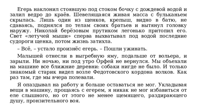  Егерь наклонил стоявшую под стоком бочку с дождевой водой и залил ведро до краёв. Шевелящаяся живая масса с бульканьем скрылась. Лишь один из щенков, крепыш, видно в батю, не сдаваясь, поднялся по телам своих братьев и вытянул головку наружу. Николай берёзовым прутиком легонько притопил его. Свет «летучей мыши» сперва выхватывал под водой последние судороги щенка, потом жизнь затихла.  –  Всё, – устало произнёс егерь. – Пошли ужинать.  Малышей отнесли в выгребную яму, подальше от вольера, и зарыли. Ни ночью, ни под утро Орфей не вернулся. Мы объехали на машине все ближние деревни: собаки нигде не было. И только знакомый старик видел возле Федотовского кордона волков. Как раз там, где мы вчера полевали.  Я опаздывал на работу и больше оставаться не мог. Укладывая вещи в машину, прощаясь с егерем, я никак не мог избавиться от еле слышного, но от этого не менее щемящего, раздирающего душу, пронзительного воя. 
