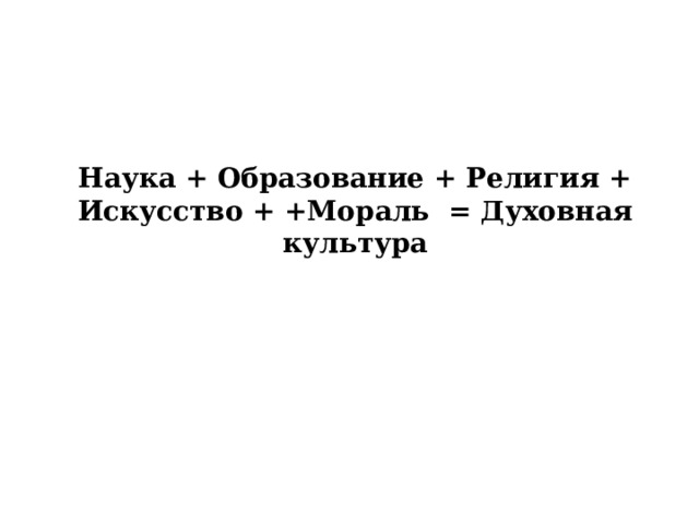Наука + Образование + Религия + Искусство + +Мораль  = Духовная культура 