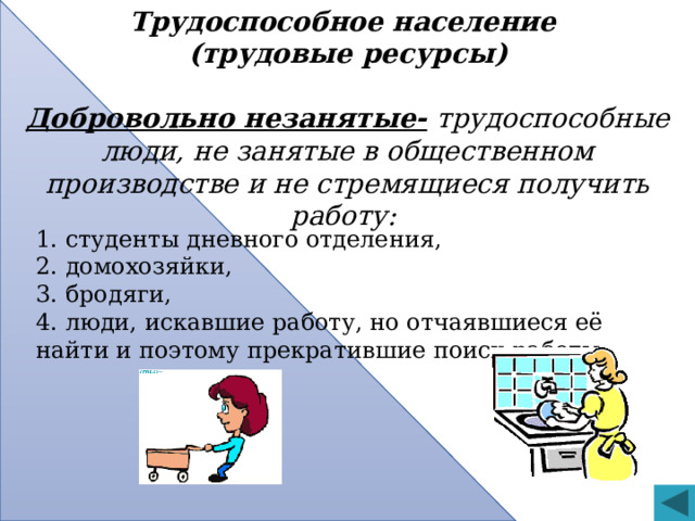 Трудоспособное население (трудовые ресурсы)  Добровольно незанятые-  трудоспособные люди, не занятые в общественном производстве и не стремящиеся получить работу: 1. студенты дневного отделения, 2. домохозяйки, 3. бродяги, 4. люди, искавшие работу, но отчаявшиеся её найти и поэтому прекратившие поиск работы. 