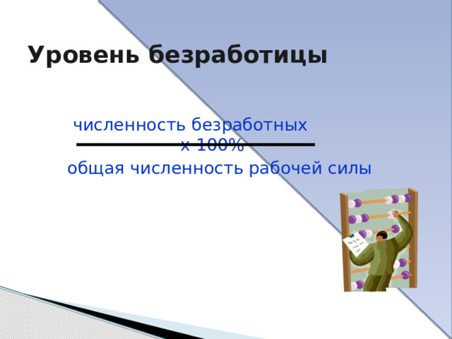  Уровень безработицы   численность безработных            х 100%   общая численность рабочей силы 