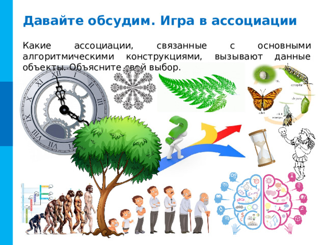 Давайте обсудим. Игра в ассоциации Какие ассоциации, связанные с основными алгоритмическими конструкциями, вызывают данные объекты. Объясните свой выбор. 6 