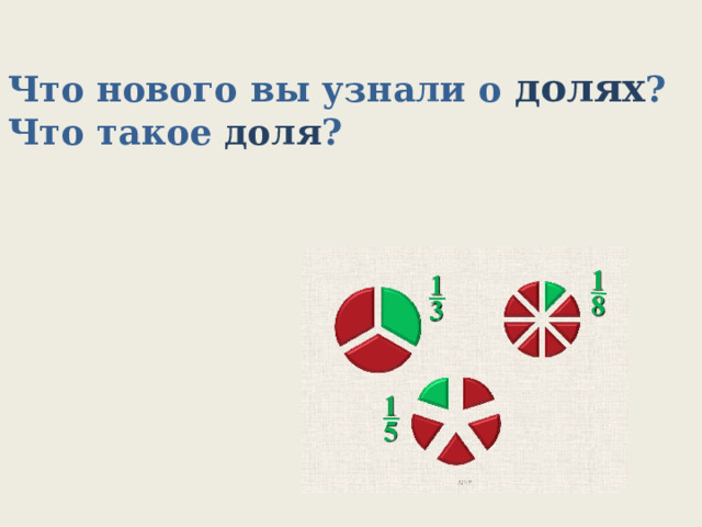 - Что нового вы узнали о долях ? - Что такое доля ? 