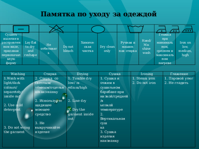 Памятка по уходу за одеждой Сушить изделие в расправленном виде, придавая первоначальную форму Lay flat to dry and reshape Не отбеливать Do not bleach Химиче- Dry clean only ская чистка Ручная и машин- ная стирка Hand/Ma- Глажка при минимальном, среднем и максимальном нагреве shine wash Iron on low, medium, high Washing 1.Wash with light/dark colours/ separetely/ inside out Стирка 2. Стирка со светлым/ тёмным/отдельно/наиз-нанку Drying 2. Use mild detergent Сушка 1. Tumble dry low/ m 1. Сушка и отжим в сушильном барабане при низкой/средней /в Ironing edium/high 2. Используйте щадящее моющее средство 1. Steam iron ысокой температуре Глажение 2. Вертикальная суш 1. Паровой утюг 3. Не выкручивайте изделие 2. Do not iron 2. Line dry 3. Do not wring the garment ка 2. Не гладить 3. Сушка изделия наизнанку 3. Dry the garment inside out                                                 
