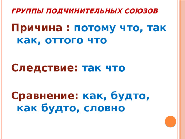 Группы подчинительных союзов Причина : потому что, так как, оттого что  Следствие: так что  Сравнение: как, будто, как будто, словно 