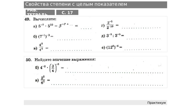 Свойства степени с целым показателем РАБ. ТЕТРАДЬ С. 17 Практикум 