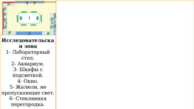 5 4 5 1 3 3 6 2 Исследовательская зона 1- Лабораторный стол. 2- Аквариум. 3- Шкафы с подсветкой. 4- Окно. 5- Жалюзи, не пропускающие свет. 6- Стеклянная перегородка. 