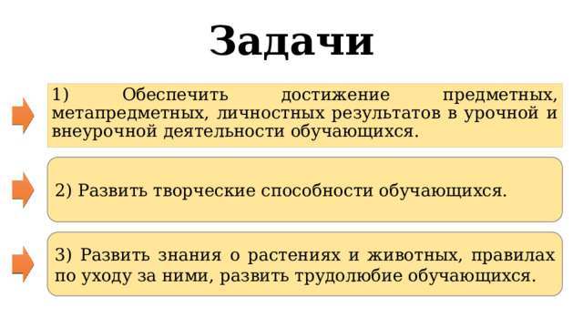 Задачи 1) Обеспечить достижение предметных, метапредметных, личностных результатов в урочной и внеурочной деятельности обучающихся. 2) Развить творческие способности обучающихся. 3) Развить знания о растениях и животных, правилах по уходу за ними, развить трудолюбие обучающихся. 
