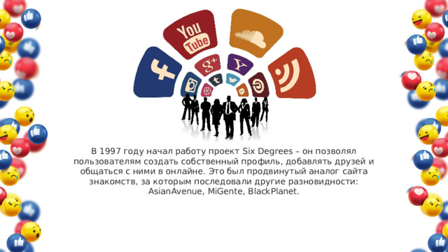 В 1997 году начал работу проект Six Degrees – он позволял пользователям создать собственный профиль, добавлять друзей и общаться с ними в онлайне. Это был продвинутый аналог сайта знакомств, за которым последовали другие разновидности: AsianAvenue, MiGente, BlackPlanet. 