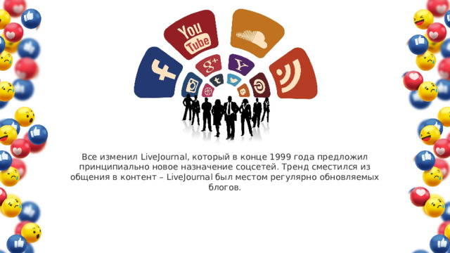 Все изменил LiveJournal, который в конце 1999 года предложил принципиально новое назначение соцсетей. Тренд сместился из общения в контент – LiveJournal был местом регулярно обновляемых блогов. 