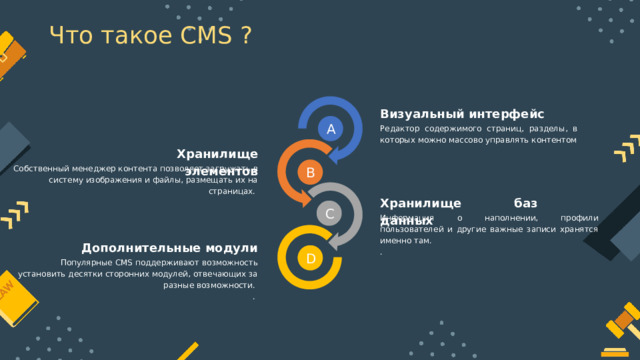 Что такое CMS ? Визуальный интерфейс A  Редактор содержимого страниц, разделы, в которых можно массово управлять контентом Хранилище элементов Собственный менеджер контента позволяет загружать в систему изображения и файлы, размещать их на страницах. B  Хранилище баз данных C  Информация о наполнении, профили пользователей и другие важные записи хранятся именно там. . Дополнительные модули D  Популярные CMS поддерживают возможность установить десятки сторонних модулей, отвечающих за разные возможности. . 