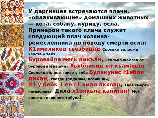 У даргинцев встречаются плачи, «оплакивающие» домашних животных — кота, собаку, курицу, осла. Примером такого плача служит следующий плач хозяина-ремесленника по поводу смерти осла: К1имиликед гьезбицад Сколько волос на хвосте у тебя, Буровайла мегь дикъан , Столько железа от буровой возивший , Хьябликид ял-кьамацад Сколько волос в гриве у тебя Булккунес г1ябли дикан, гвозди (подковы) возивший,  X1 у бебк 1 ее г1 ямал акквар , Твоя смерть немыслима, Дила х1енкьла капитан! Мой капитан ослиного табуна ! 