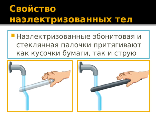 Свойство наэлектризованных тел Наэлектризованные эбонитовая и стеклянная палочки притягивают как кусочки бумаги, так и струю воды. 