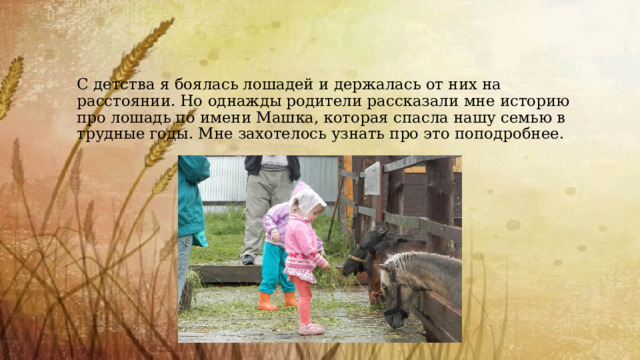 С детства я боялась лошадей и держалась от них на расстоянии. Но однажды родители рассказали мне историю про лошадь по имени Машка, которая спасла нашу семью в трудные годы. Мне захотелось узнать про это поподробнее. 
